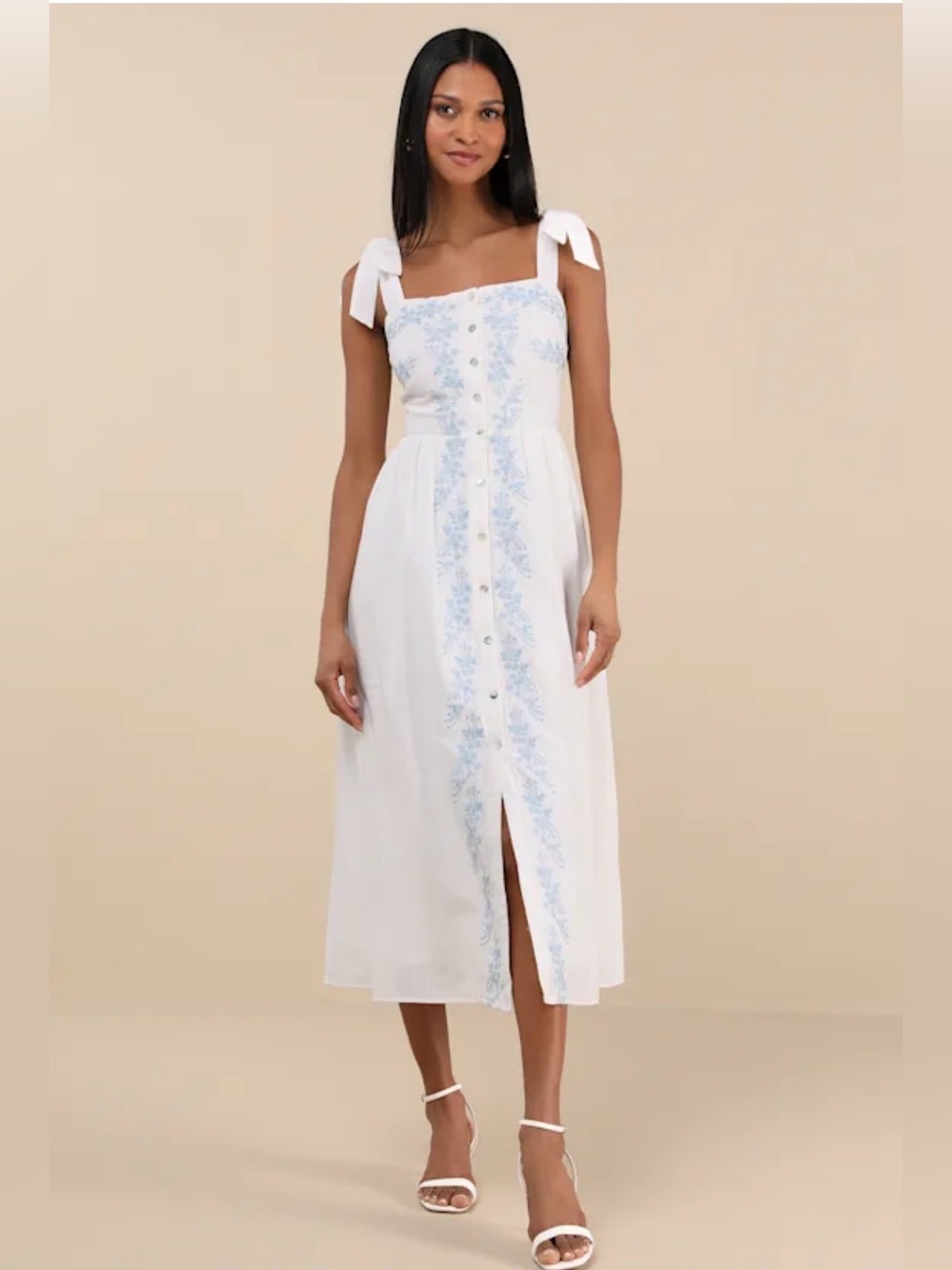 Lulus Corinthia White Embroidered Button-Front Midi Dress Size Medium